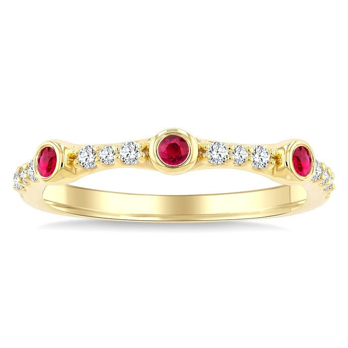 2 MM Round Cut Ruby and 1/10 Ctw Round Cut Diamond Stackable Precious Ring in 10K Yellow Gold