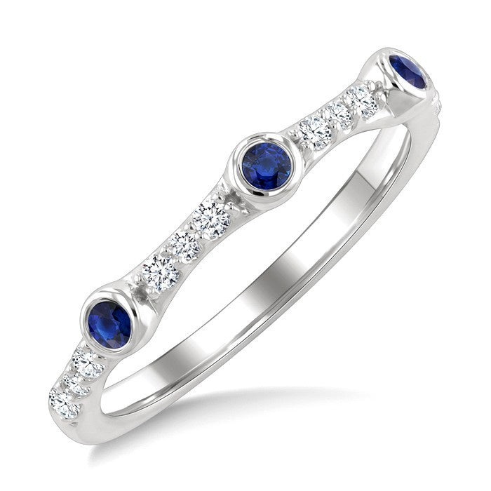 2 MM Round Cut Sapphire and 1/10 Ctw Round Cut Diamond Stackable Precious Ring in 10K White Gold