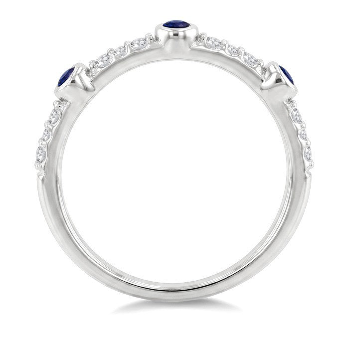 2 MM Round Cut Sapphire and 1/10 Ctw Round Cut Diamond Stackable Precious Ring in 10K White Gold