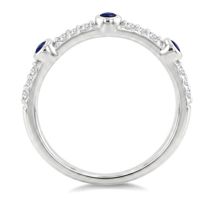 2 MM Round Cut Sapphire and 1/10 Ctw Round Cut Diamond Stackable Precious Ring in 10K White Gold