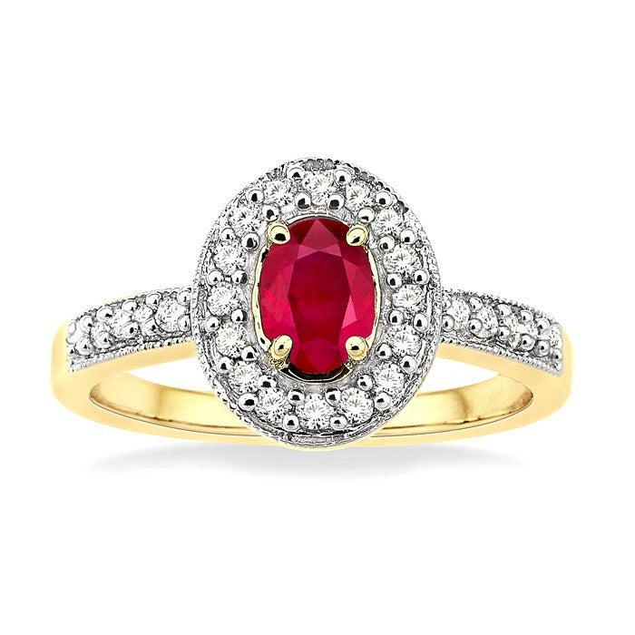 6x4 MM Oval Cut Ruby and 1/4 Ctw Round Cut Diamond Ring in 14K Yellow Gold