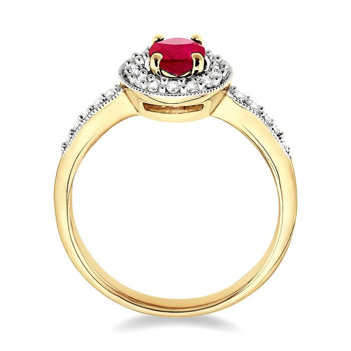 6x4 MM Oval Cut Ruby and 1/4 Ctw Round Cut Diamond Ring in 14K Yellow Gold