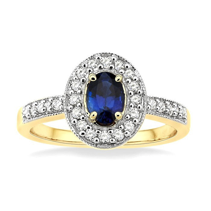 6x4 MM Oval Cut Sapphire and 1/4 Ctw Round Cut Diamond Ring in 14K Yellow Gold