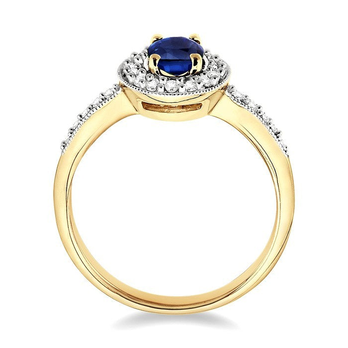 6x4 MM Oval Cut Sapphire and 1/4 Ctw Round Cut Diamond Ring in 14K Yellow Gold