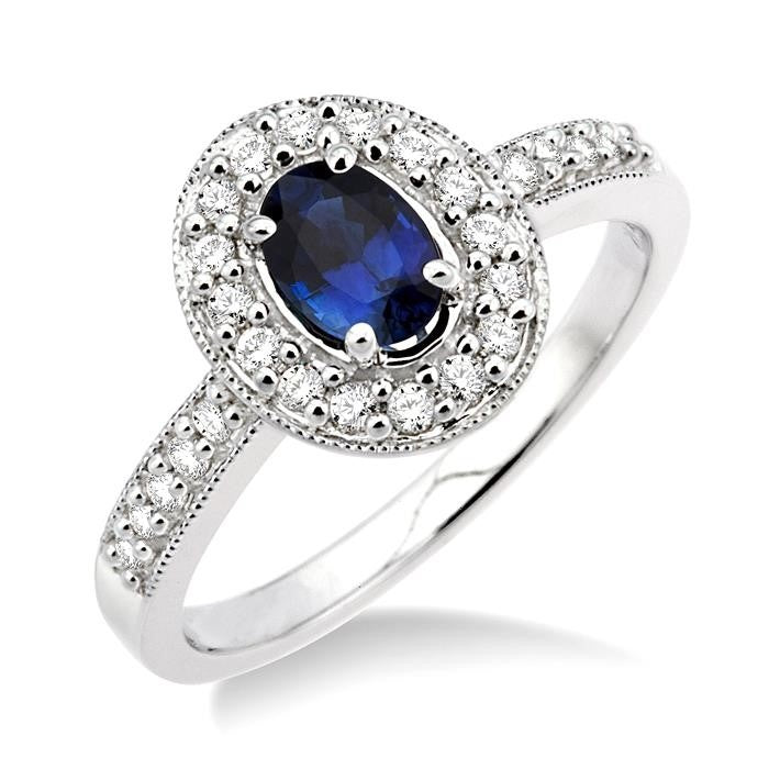 6x4 MM Oval Cut Sapphire and 1/4 Ctw Round Cut Diamond Ring in 14K White Gold
