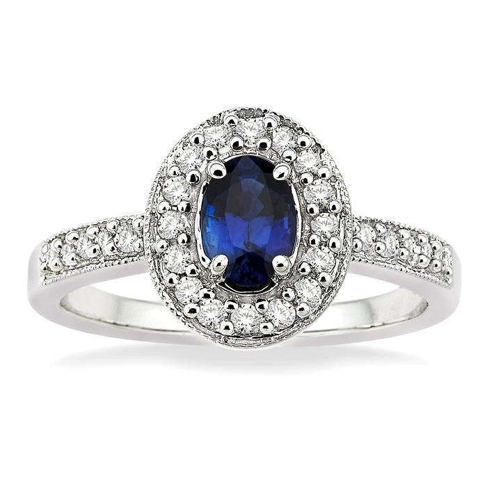 6x4 MM Oval Cut Sapphire and 1/4 Ctw Round Cut Diamond Ring in 14K White Gold