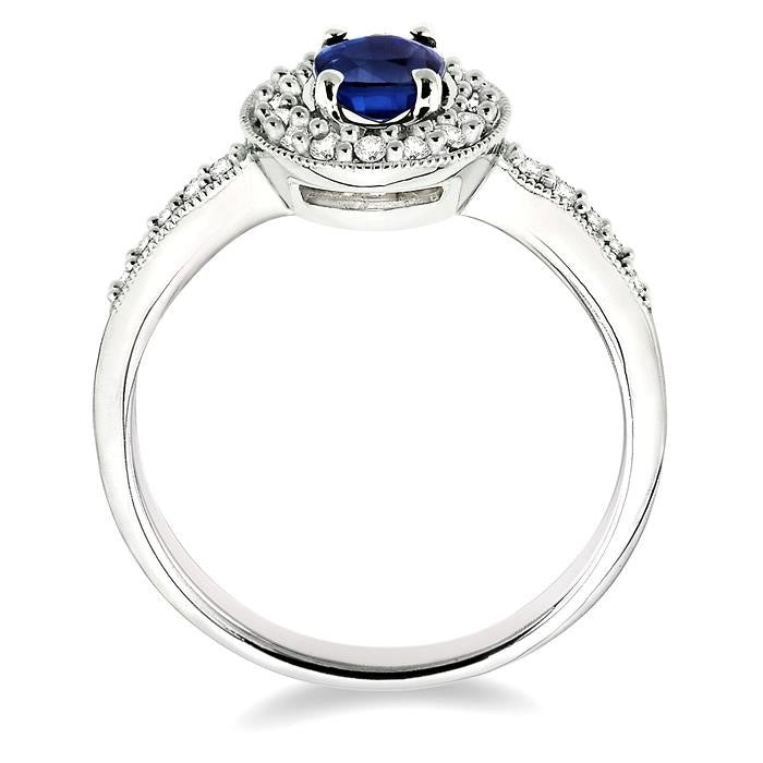 6x4 MM Oval Cut Sapphire and 1/4 Ctw Round Cut Diamond Ring in 14K White Gold