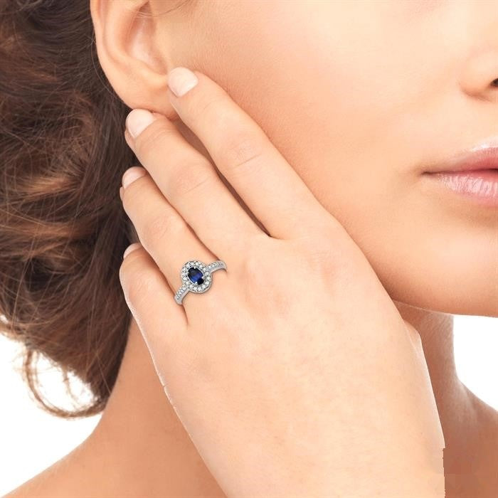 6x4 MM Oval Cut Sapphire and 1/4 Ctw Round Cut Diamond Ring in 14K White Gold