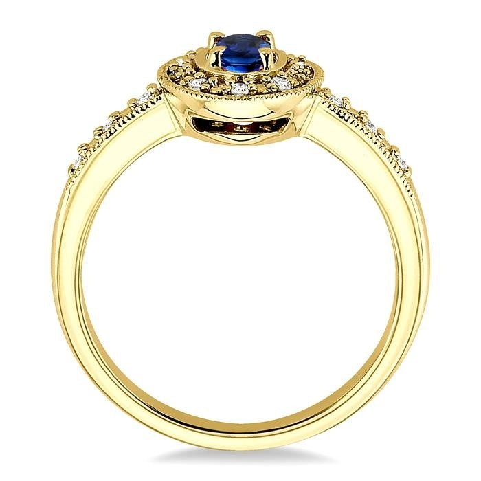 5x3 MM oval cut Sapphire and 1/10 Ctw Round Cut Diamond Ring in 14K Yellow Gold.