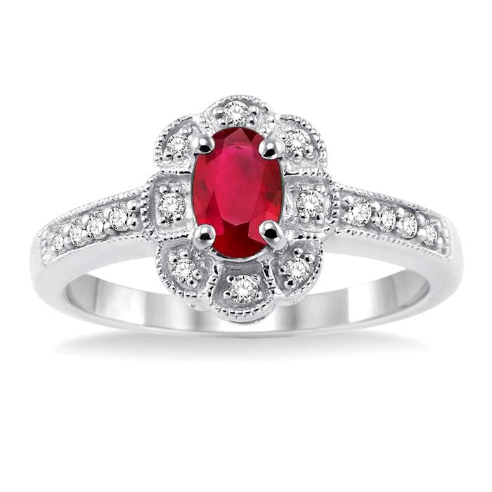 6x4 MM Oval Cut Ruby and 1/6 Ctw Round Cut Diamond Ring in 14K White Gold