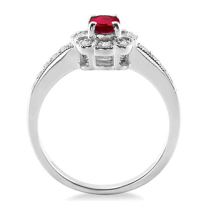 6x4 MM Oval Cut Ruby and 1/6 Ctw Round Cut Diamond Ring in 14K White Gold