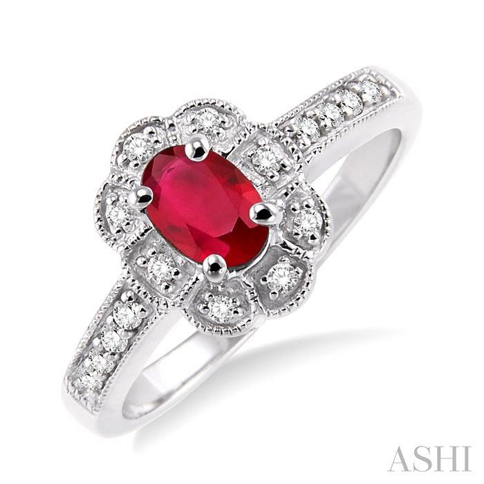 6x4 MM Oval Cut Ruby and 1/6 Ctw Round Cut Diamond Ring in 14K White Gold