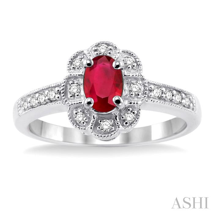 6x4 MM Oval Cut Ruby and 1/6 Ctw Round Cut Diamond Ring in 14K White Gold