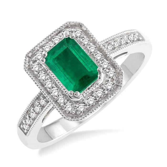 6X4 MM Emerald Shape Emerald and 1/4 Ctw Round Cut Diamond Ring in 14K White Gold