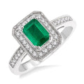6X4 MM Emerald Shape Emerald and 1/4 Ctw Round Cut Diamond Ring in 14K White Gold