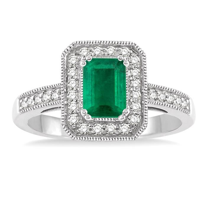 6X4 MM Emerald Shape Emerald and 1/4 Ctw Round Cut Diamond Ring in 14K White Gold