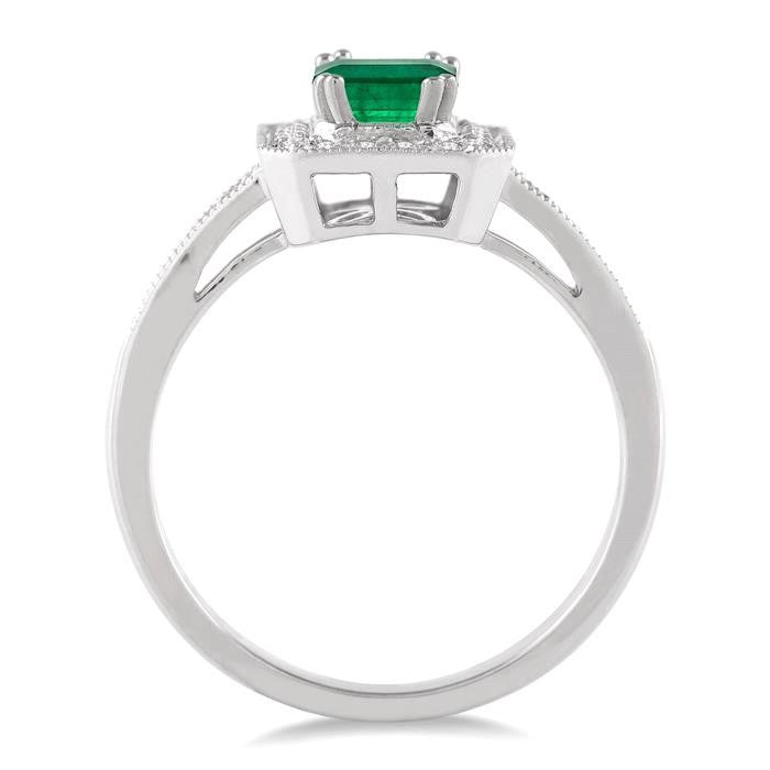 6X4 MM Emerald Shape Emerald and 1/4 Ctw Round Cut Diamond Ring in 14K White Gold
