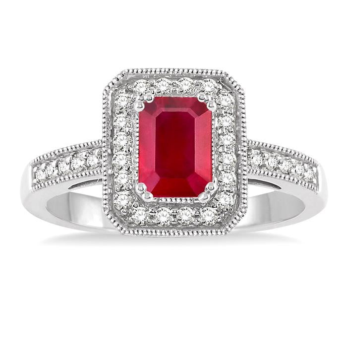 6x4 MM Emerald Shape Ruby and 1/4 Ctw Round Cut Diamond Ring in 14K White Gold