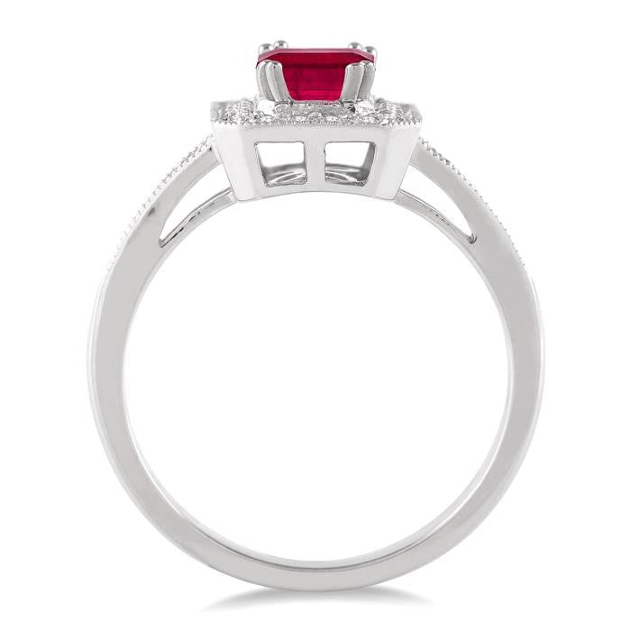 6x4 MM Emerald Shape Ruby and 1/4 Ctw Round Cut Diamond Ring in 14K White Gold