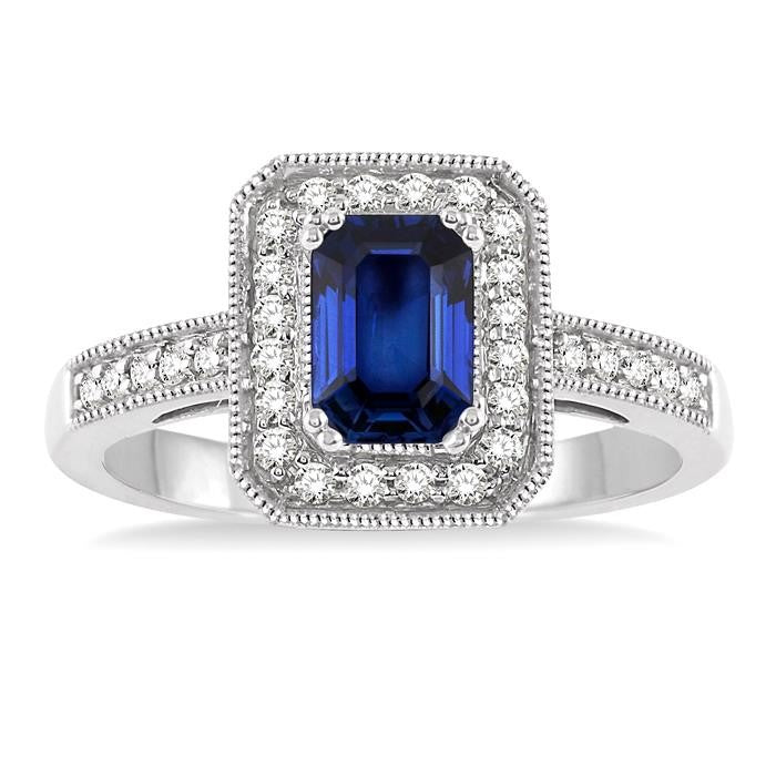 6x4 MM Emerald Shape Sapphire and 1/4 Ctw Round Cut Diamond Ring in 14K White Gold