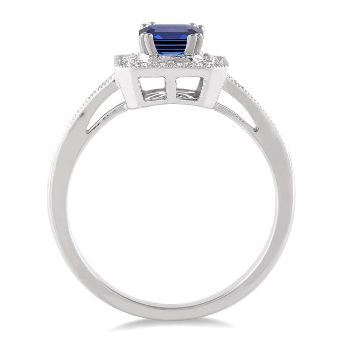 6x4 MM Emerald Shape Sapphire and 1/4 Ctw Round Cut Diamond Ring in 14K White Gold