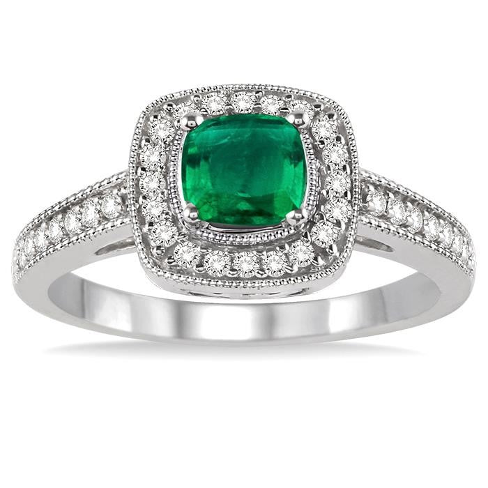5x5 MM Cushion Shape Emerald and 1/4 Ctw Round Cut Diamond Ring in 14K White Gold