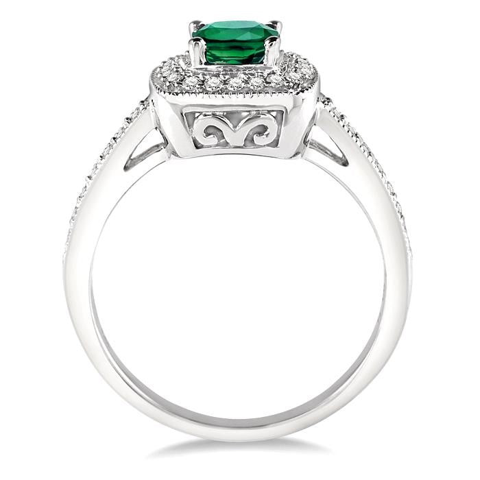 5x5 MM Cushion Shape Emerald and 1/4 Ctw Round Cut Diamond Ring in 14K White Gold