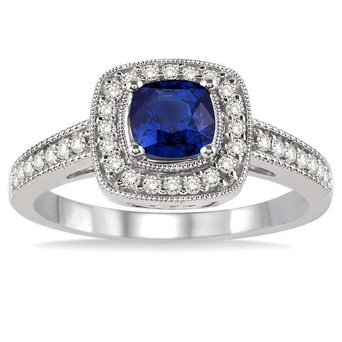 5x5 MM Cushion Shape Sapphire and 1/4 Ctw Round Cut Diamond Ring in 14K White Gold