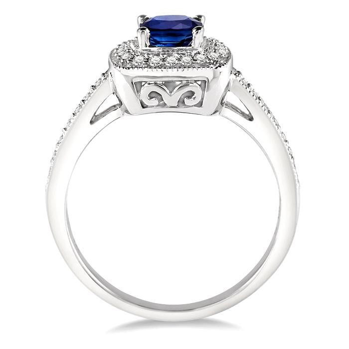 5x5 MM Cushion Shape Sapphire and 1/4 Ctw Round Cut Diamond Ring in 14K White Gold