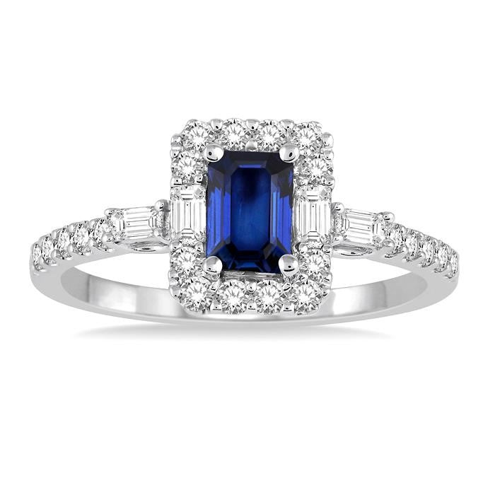 6x4 MM Octagon Cut Sapphire and 1/2 Ctw Round Cut Diamond Precious Ring in 14K White Gold