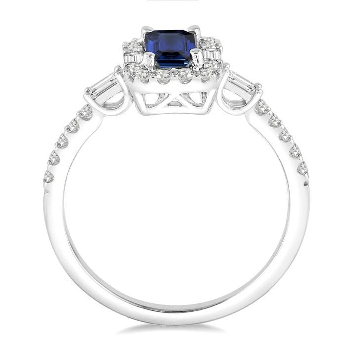 6x4 MM Octagon Cut Sapphire and 1/2 Ctw Round Cut Diamond Precious Ring in 14K White Gold