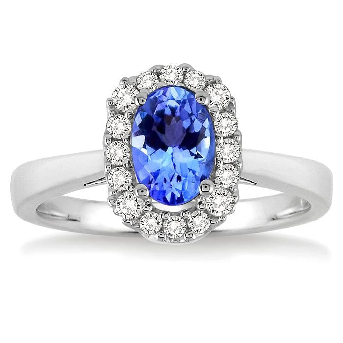 6x4 MM Oval Cut Tanzanite and 1/6 Ctw Round Cut Diamond Precious Ring in 14K White Gold