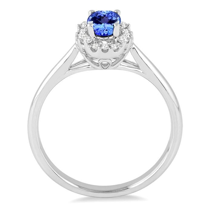 6x4 MM Oval Cut Tanzanite and 1/6 Ctw Round Cut Diamond Precious Ring in 14K White Gold