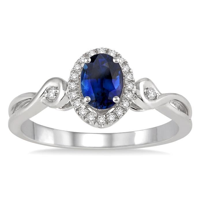 6x4 MM Oval Cut Sapphire and 1/10 Ctw Round Cut Diamond Ring in 10K White Gold