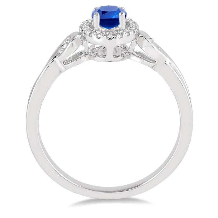 6x4 MM Oval Cut Sapphire and 1/10 Ctw Round Cut Diamond Ring in 10K White Gold