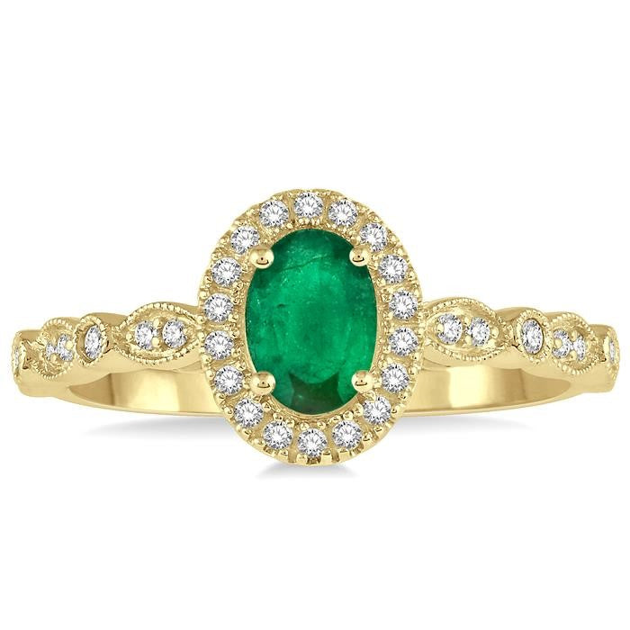 6x4 MM Oval Shape Emerald and 1/6 Ctw Round Cut Diamond Precious Ring in 10K Yellow Gold