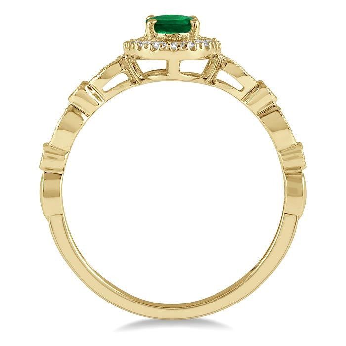 6x4 MM Oval Shape Emerald and 1/6 Ctw Round Cut Diamond Precious Ring in 10K Yellow Gold