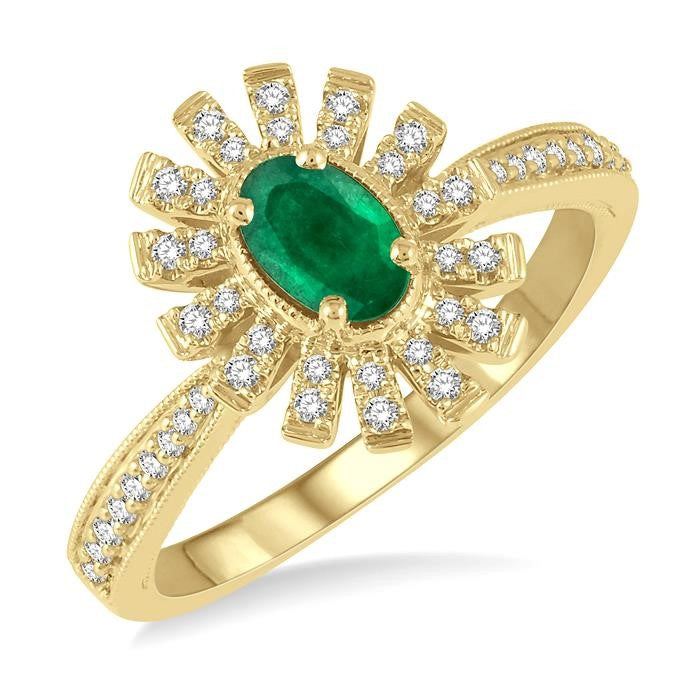 6x4 MM Floral Oval Shape Emerald and 1/5 Ctw Round Cut Diamond Precious Ring in 10K Yellow Gold