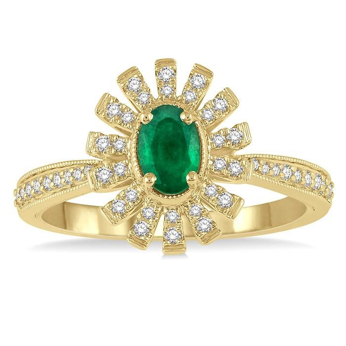 6x4 MM Floral Oval Shape Emerald and 1/5 Ctw Round Cut Diamond Precious Ring in 10K Yellow Gold
