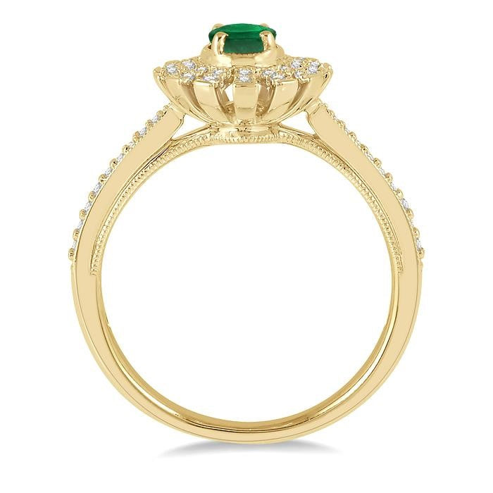 6x4 MM Floral Oval Shape Emerald and 1/5 Ctw Round Cut Diamond Precious Ring in 10K Yellow Gold