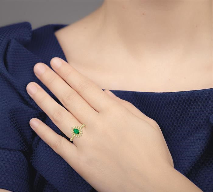 6x4 MM Floral Oval Shape Emerald and 1/5 Ctw Round Cut Diamond Precious Ring in 10K Yellow Gold