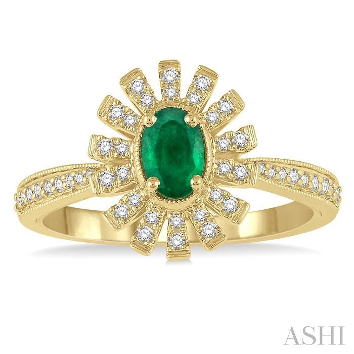 6x4 MM Floral Oval Shape Emerald and 1/5 Ctw Round Cut Diamond Precious Ring in 10K Yellow Gold