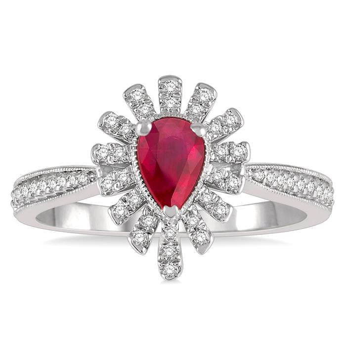 6x4 MM Lattice Pear Shape Ruby and 1/5 Ctw Round Cut Diamond Precious Ring in 10K White Gold