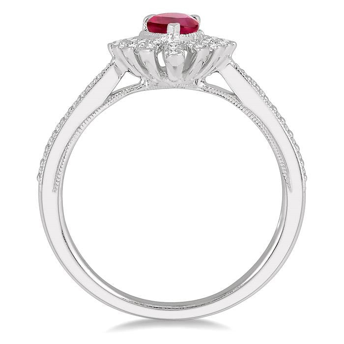 6x4 MM Lattice Pear Shape Ruby and 1/5 Ctw Round Cut Diamond Precious Ring in 10K White Gold