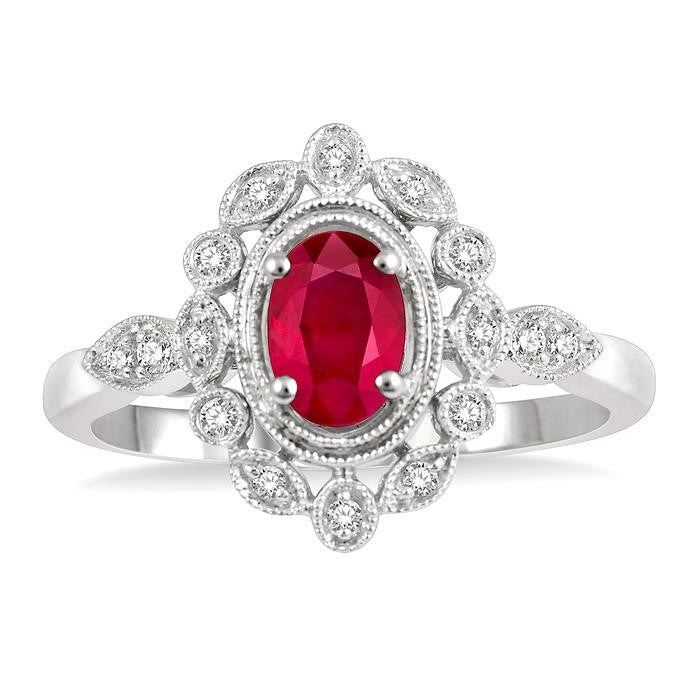 6x4 MM Oval Cut Ruby and 1/8 Ctw Lattice Reverse Taper Shank Round Cut Diamond Precious Ring in 10K White Gold