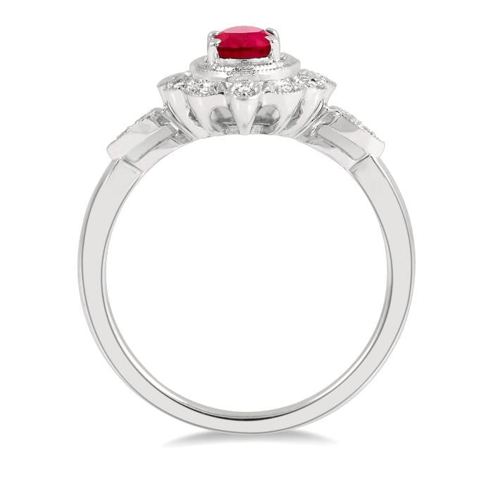 6x4 MM Oval Cut Ruby and 1/8 Ctw Lattice Reverse Taper Shank Round Cut Diamond Precious Ring in 10K White Gold