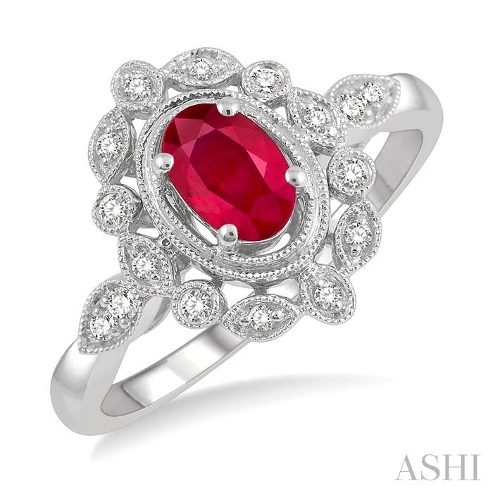 6x4 MM Oval Cut Ruby and 1/8 Ctw Lattice Reverse Taper Shank Round Cut Diamond Precious Ring in 10K White Gold