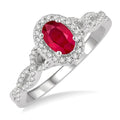 6x4 MM Oval Shape Center Stone Ruby and 1/5 Ctw Split Entwined Shank Round Cut Diamond Precious Ring in 10K White Gold