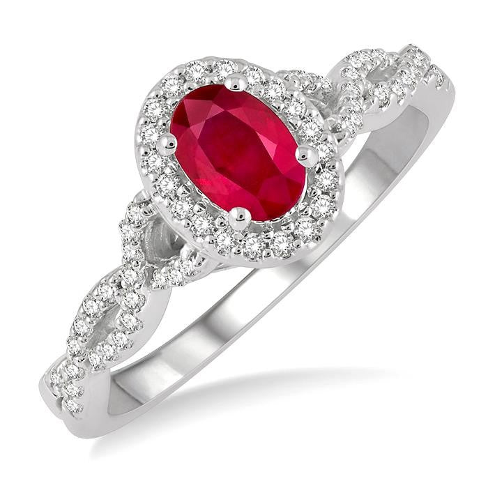 6x4 MM Oval Shape Center Stone Ruby and 1/5 Ctw Split Entwined Shank Round Cut Diamond Precious Ring in 10K White Gold