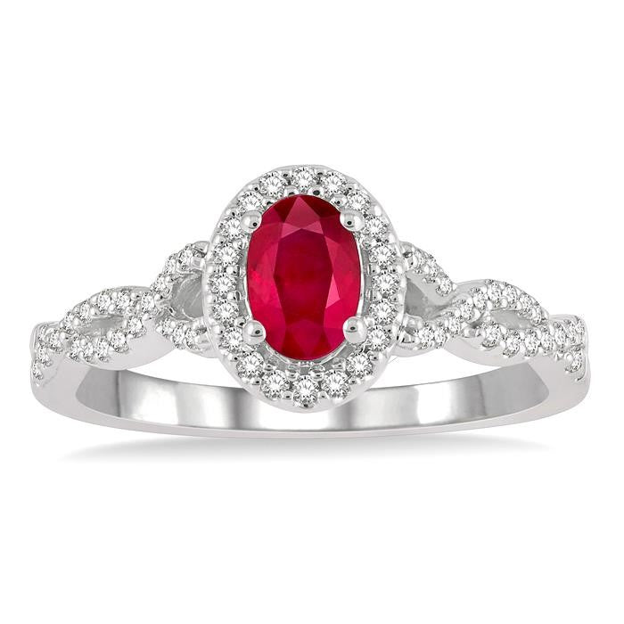 6x4 MM Oval Shape Center Stone Ruby and 1/5 Ctw Split Entwined Shank Round Cut Diamond Precious Ring in 10K White Gold